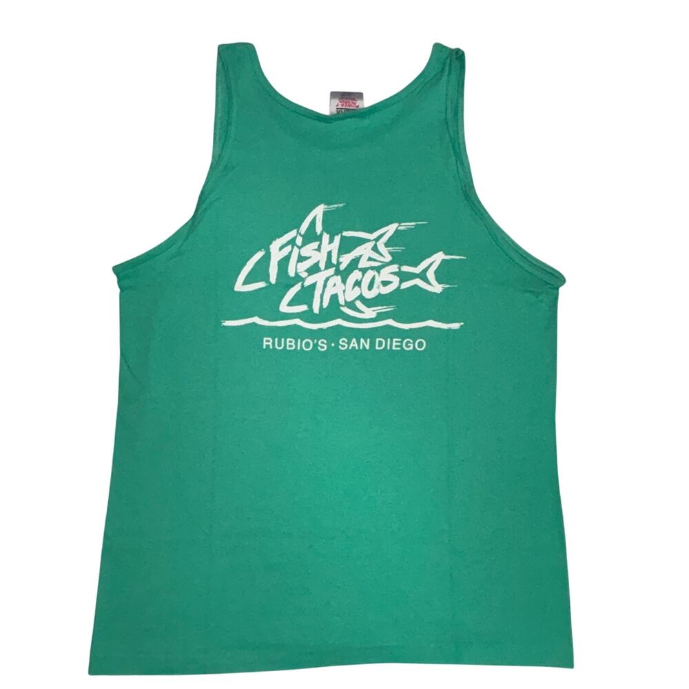 Vintage Rubio's San Diego Fish Tacos Shirt Tank Top Mens Large Green White 90s